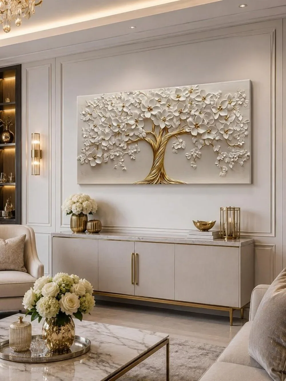 Large Tree of Life Canvas Art - Gold Floral Wall Decor for Living Room & Office